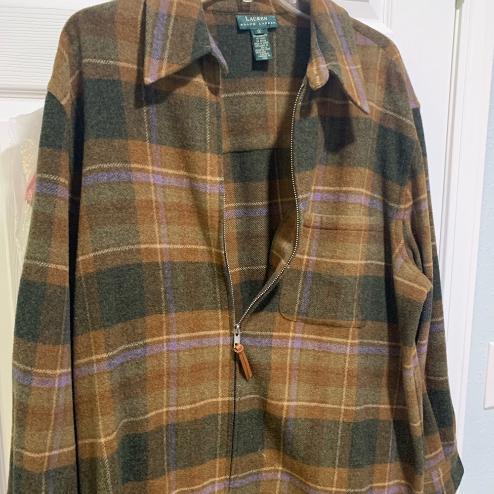Ralph Lauren woman’s wool w leather plaid sienna and lavender sweater jacket!